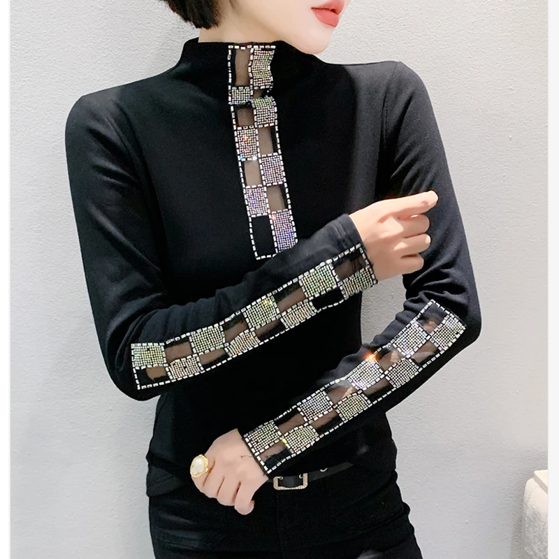 2025 Spring New Korean Half High Collar Women T shirt Sexy Patchwork Diamonds Tops Slim Long Sleeve Balck Bottoming Shirt