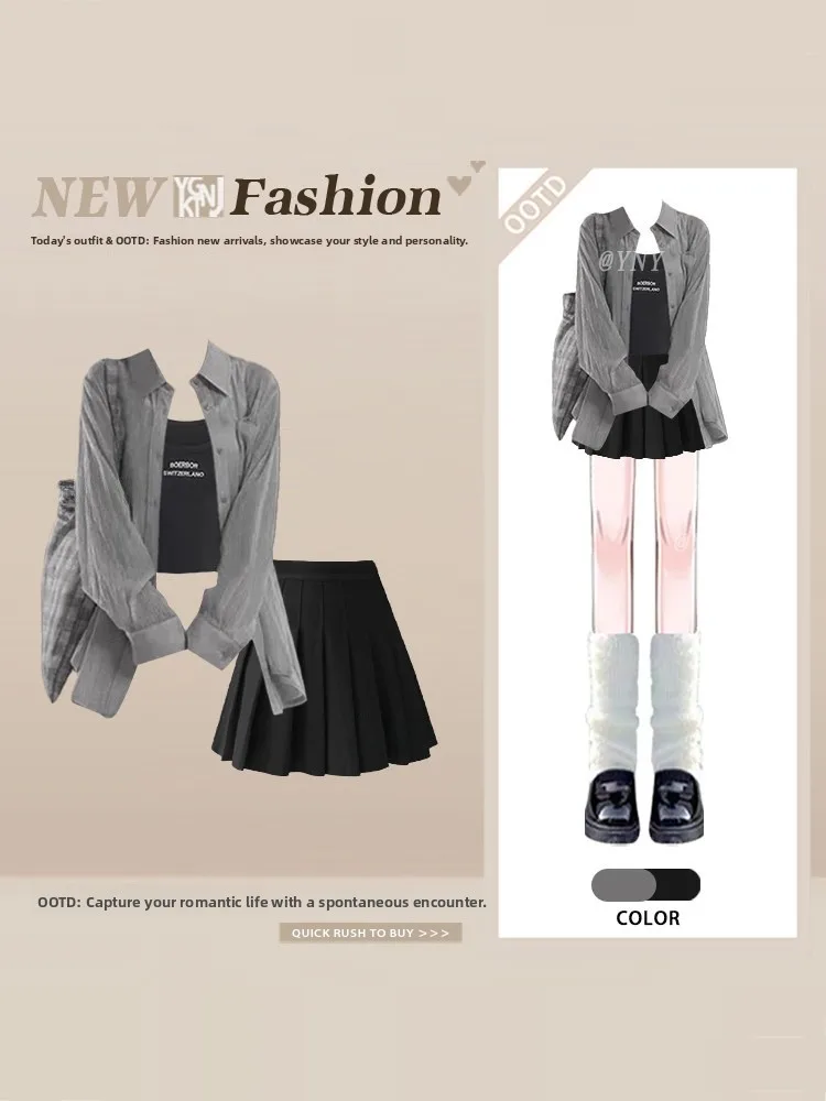 

Simple College Style Thin Long Sleeve Shirt Strap Pleated Skirt Three Piece Set Spring Anti Aging Slimming Small Size Set