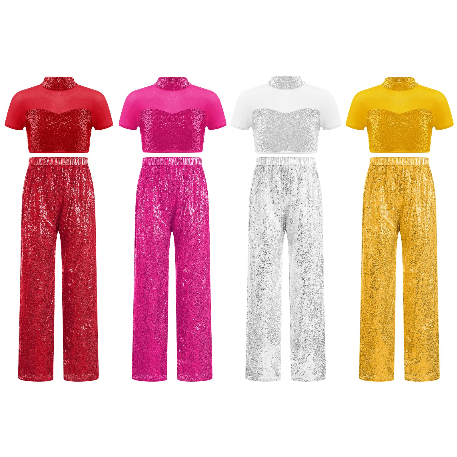 Mädchen Pailletten Jazz Hip Hop Modern Street Dance Outfit Kurzarm Crop Tops mit Hosen Set Trainingsanzug Schule Cheerleader Uniform