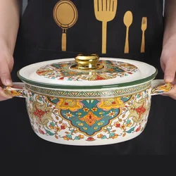 Thick Rolled Edge Enamel Stew Pot Nostalgic Iron Porcelain Soup Pot Double Ear Design for Gas and Induction Cooking