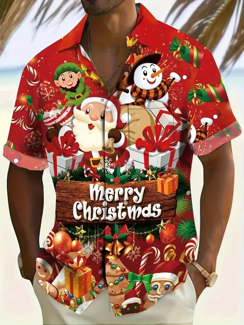 Men's Christmas Santa Beach Vacation Shirts 3D Print Casual Short Sleeve Button Up Hawaiian Shirts Blouse For Men Aloha Shirt