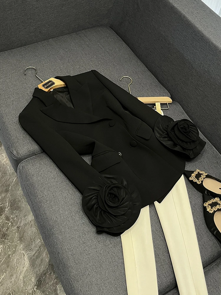 

Slim Fit Double Breasted Suit Jaet with 3D Flower Decoration New Arrival Trendy Top X737 Long Sve Commute Sle Pure Color