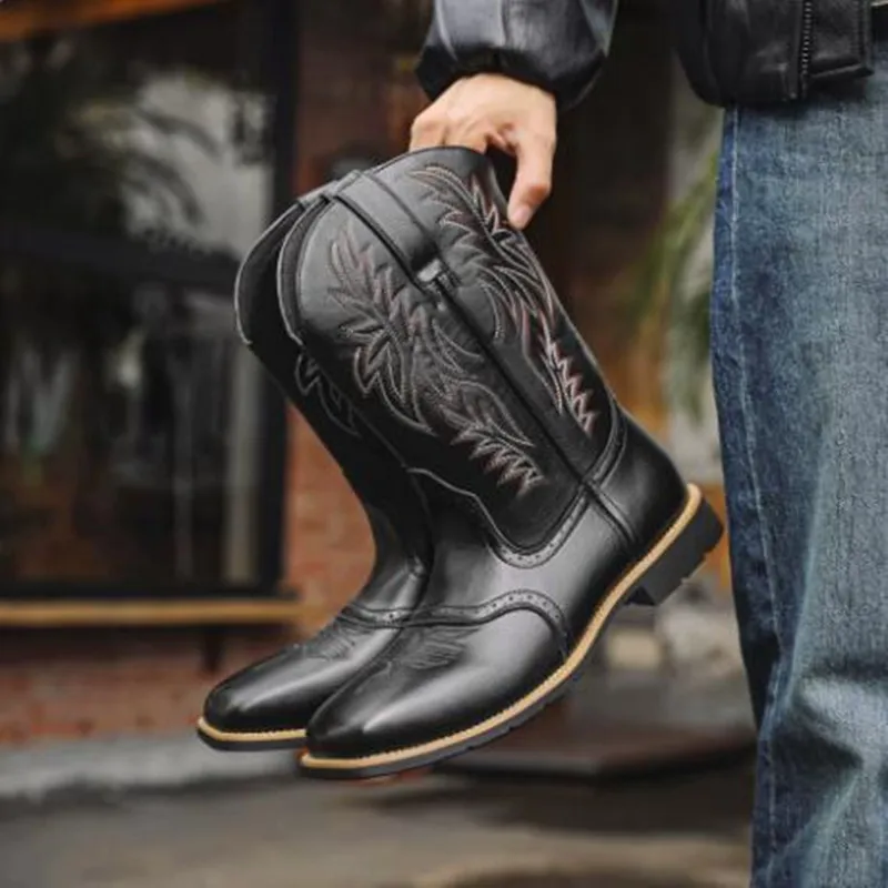 Men High Boots New Embroidery Retro Handmade Mens Boots Western Cowboy Botas Pointed Toe Boot Hand Stitching Outdoor Men's Shoes