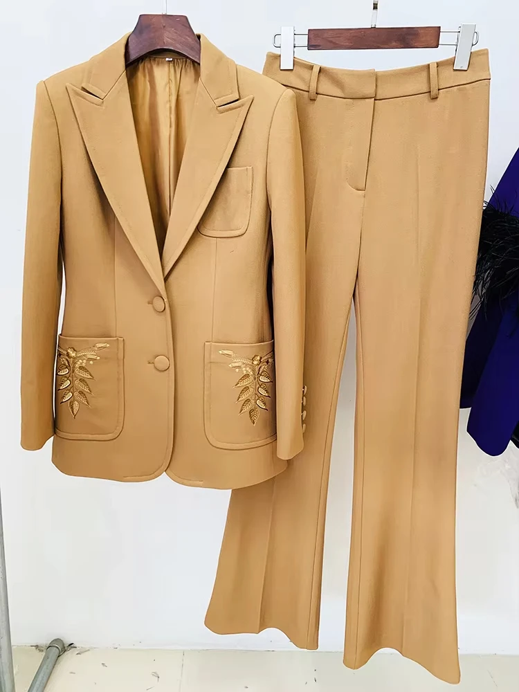 

2024 Designer Suit Set Women's Slim Fit Single Breasted Embroidery Blazer Pants Set 2pcs