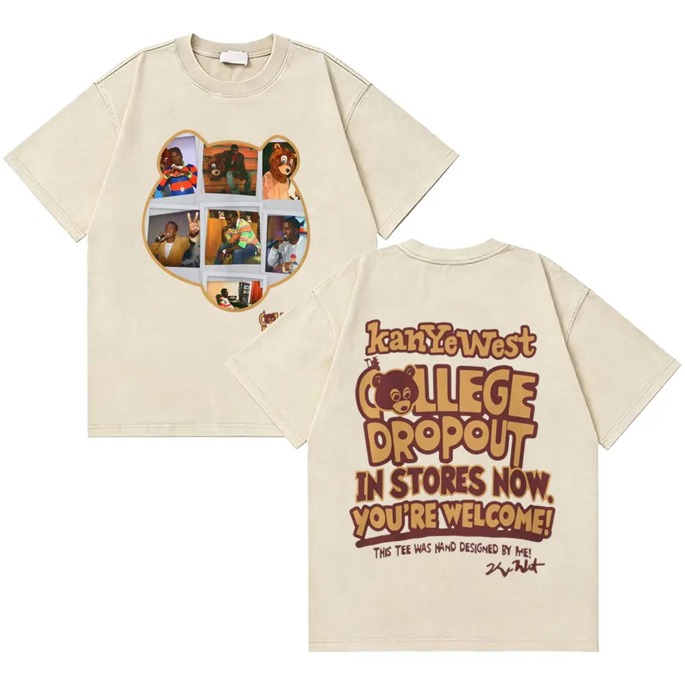 

Rapper Kanye West The College Dropout Bear Vintage Washed T-shirt Men Women's Hip Hop High Quality Cotton Short Sleeve T Shirts