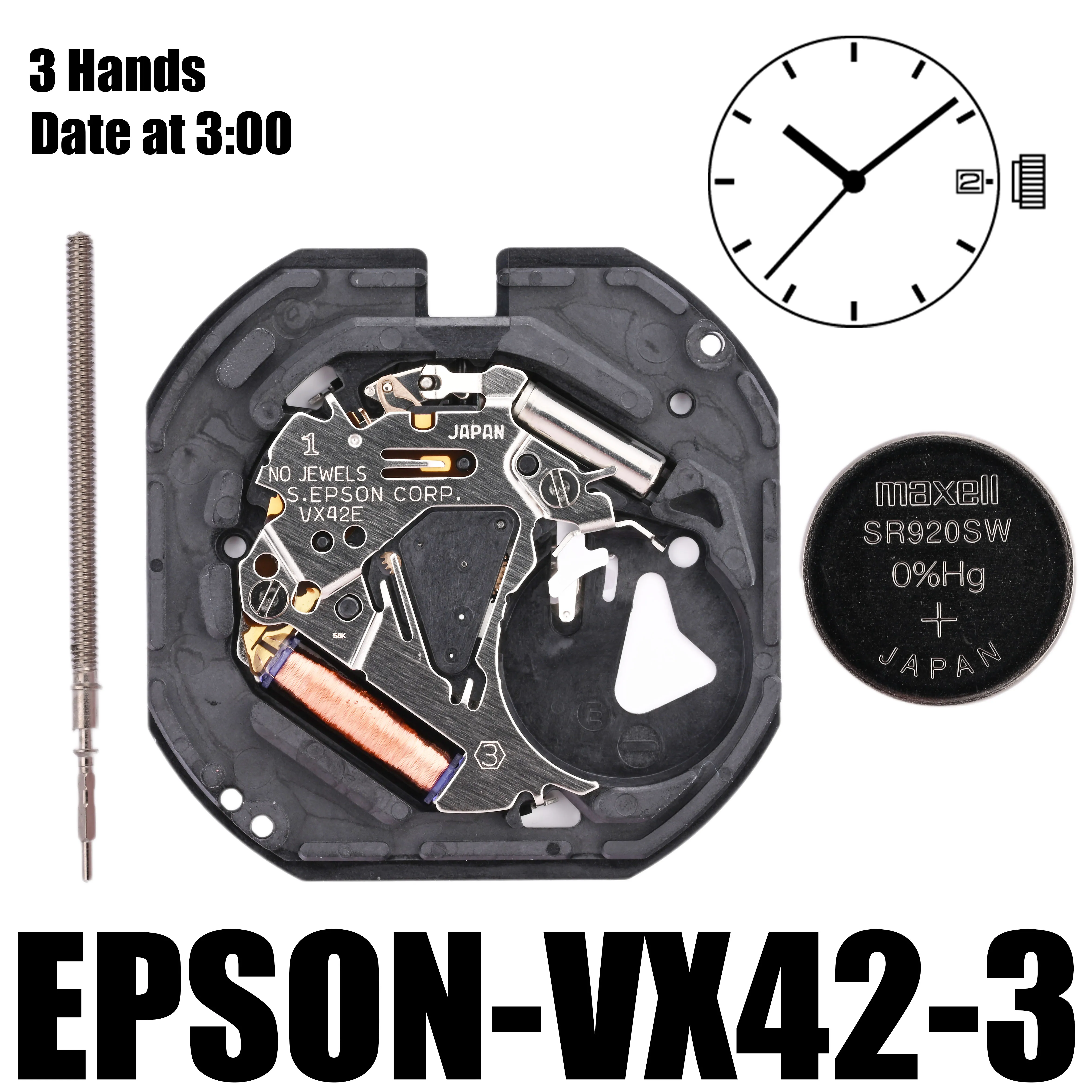 VX42 Movement Epson VX42E Movement 3 Hands Date at 3:00/6:00 Size : 11 1/2\'\'\' Height: 2.62mm Battery Life: 3 years