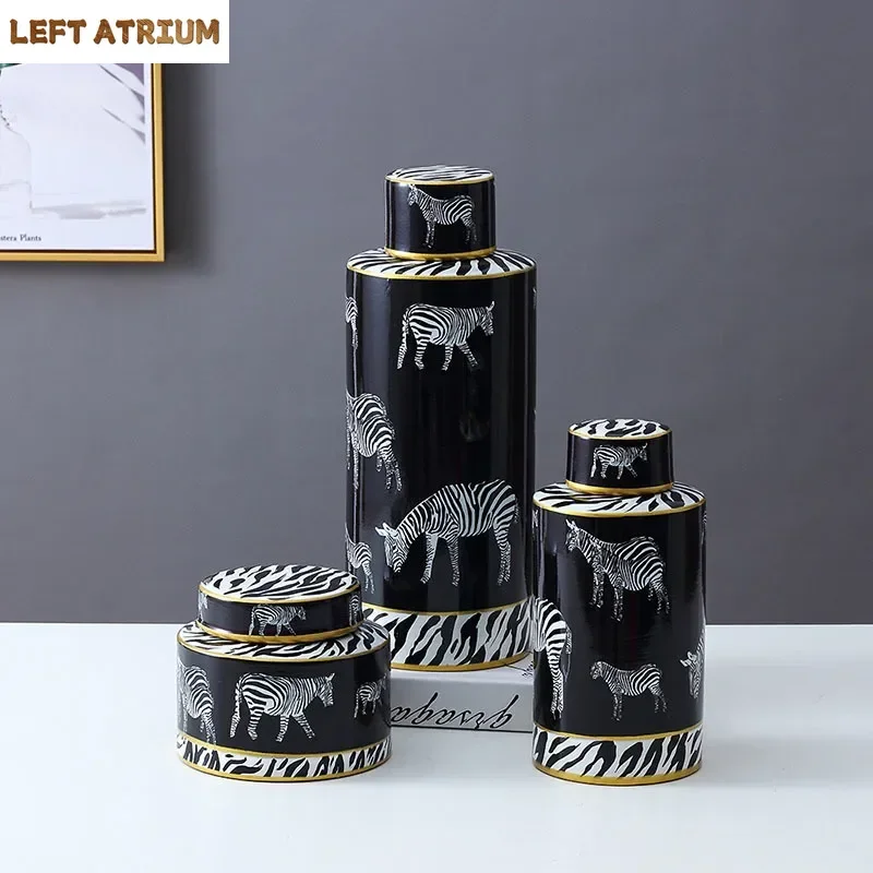

Zebra Painting Ceramic Vases Candy Jars with Lid Decorative Porcelain Storage Jar Desk Decoration Flowers Vase Nordic Home Decor