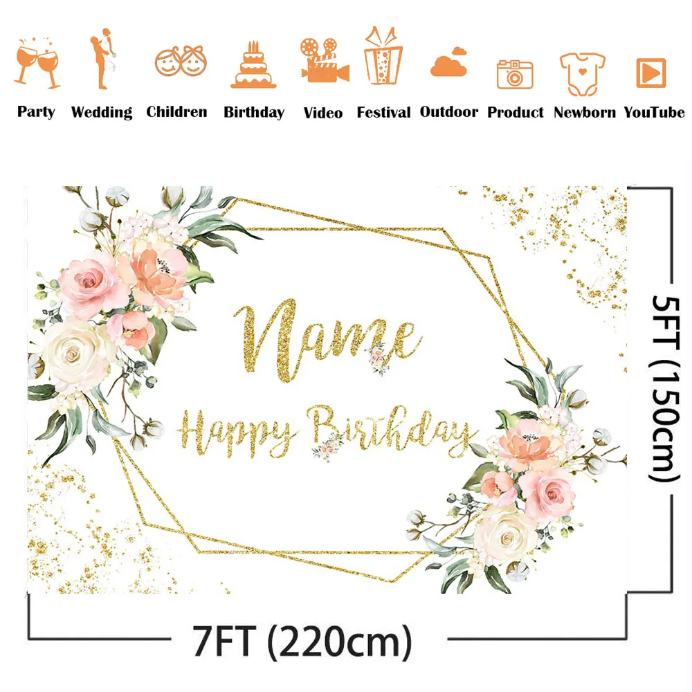 NOMBRE feliz cumpleaños personalizado telón de fondo rosa Floral decoración suministros sesión fotográfica punto dorado personalizar DIY suministros