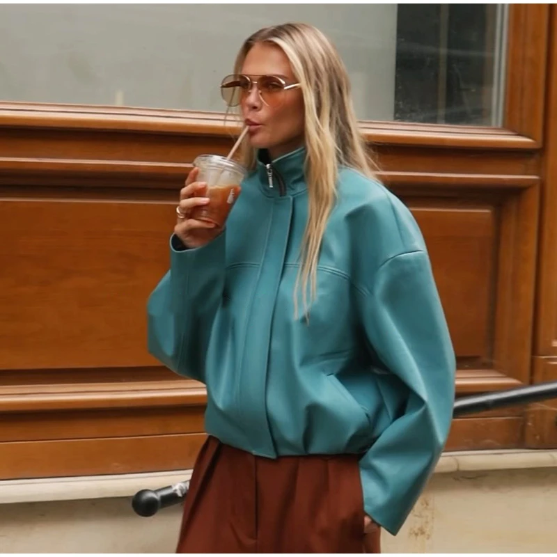 Women's Solid Faux Leather Jacket Stand Collar Zippers Long Wide Sleeves Cropped Coats 2026 Autumn Fashion All-match Streetwears
