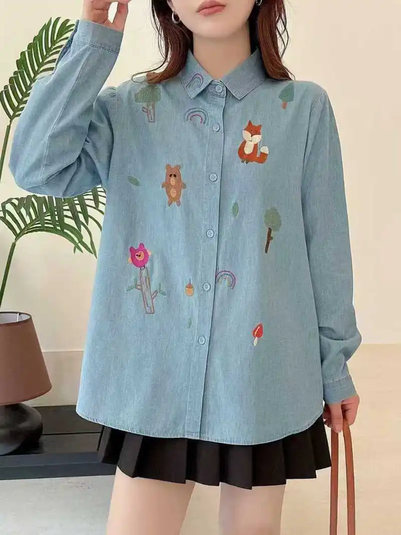 

[Ready Stock] High Quality Women Denim Blouse Shirt Cartoon Embroidery Tree Fox Washed Denim Long Sleeve Loose Ladies Blouses