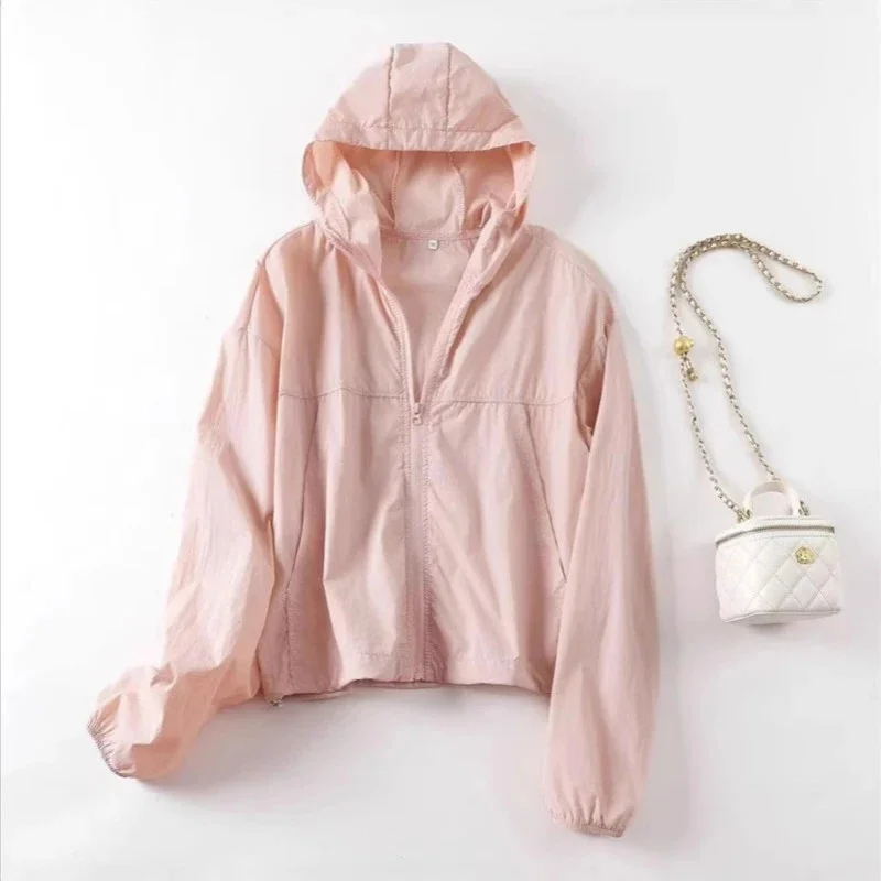 Women Sun Protection Jacket Hooded, UV Proof Ice Silk Cooling, Thin Short Summer Zipper Upf, Outdoor Commute Purple Green