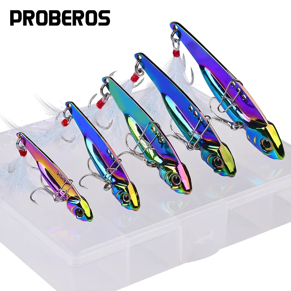 PROBEROS 5pcs Metal VIB Fishing Lures 5g-20g Lifelike 3D Eyes Radium Coating Vibration Sinking Bait with Hooks for Bass Pike