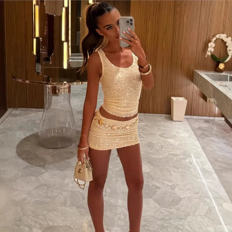Sexy Sequined Mini Skirt Sets Sleeveless U Shaped Collar Sling Tank Top Hip Package Short Skirt Suit Women Summer Chic Outfits