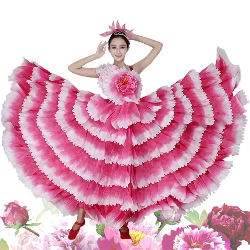 Vestido de Flamenco para Mujer, Faldas de Baile Españolas, Traje de Gitana, Falda de Gran Tamaño con Flores para Coro, Ropa de Actuación Escénica para Mujer