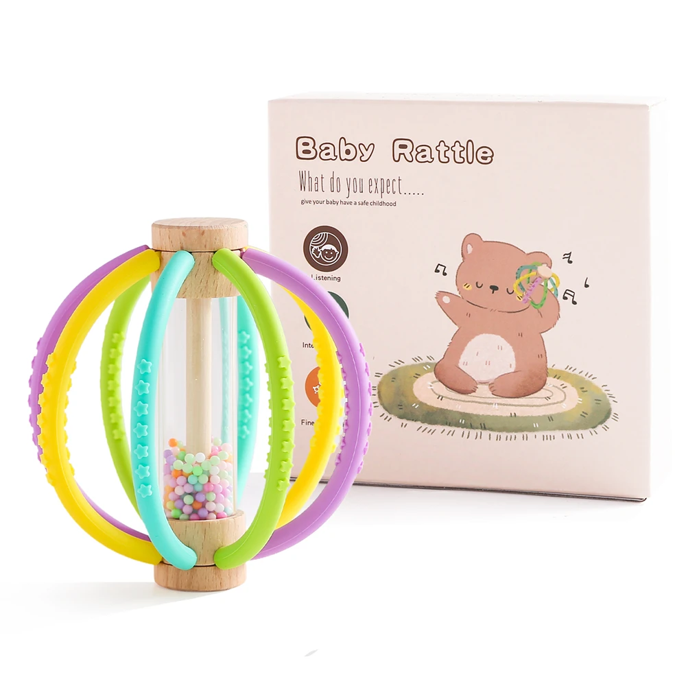 

Rattle Toy Wooden Rain Drum With Silicone Silicone Teeth Grinding Rod Baby Toy Multi-Function Newborn Sensory Touch Baby Gift