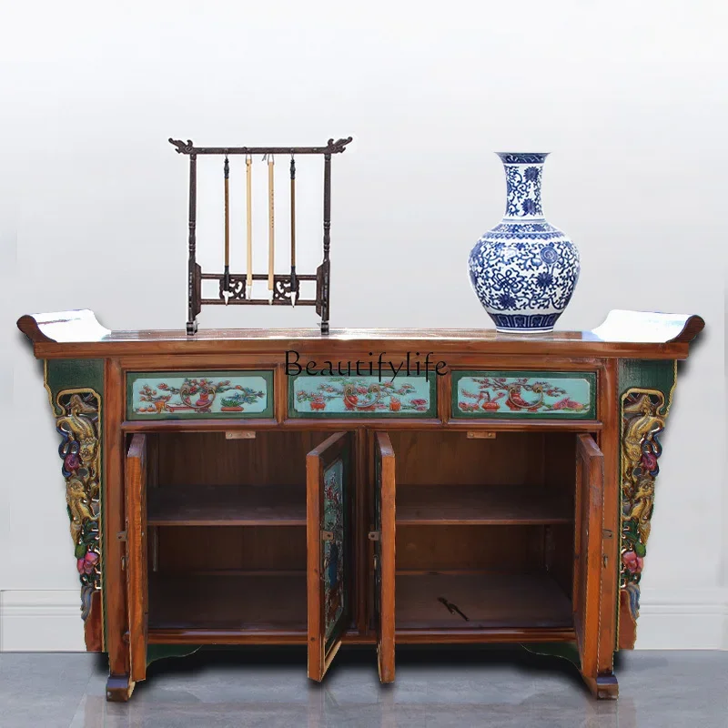 

yj32 New Chinese-style entrance decorative cabinet solid wood painted carved storage cabinet