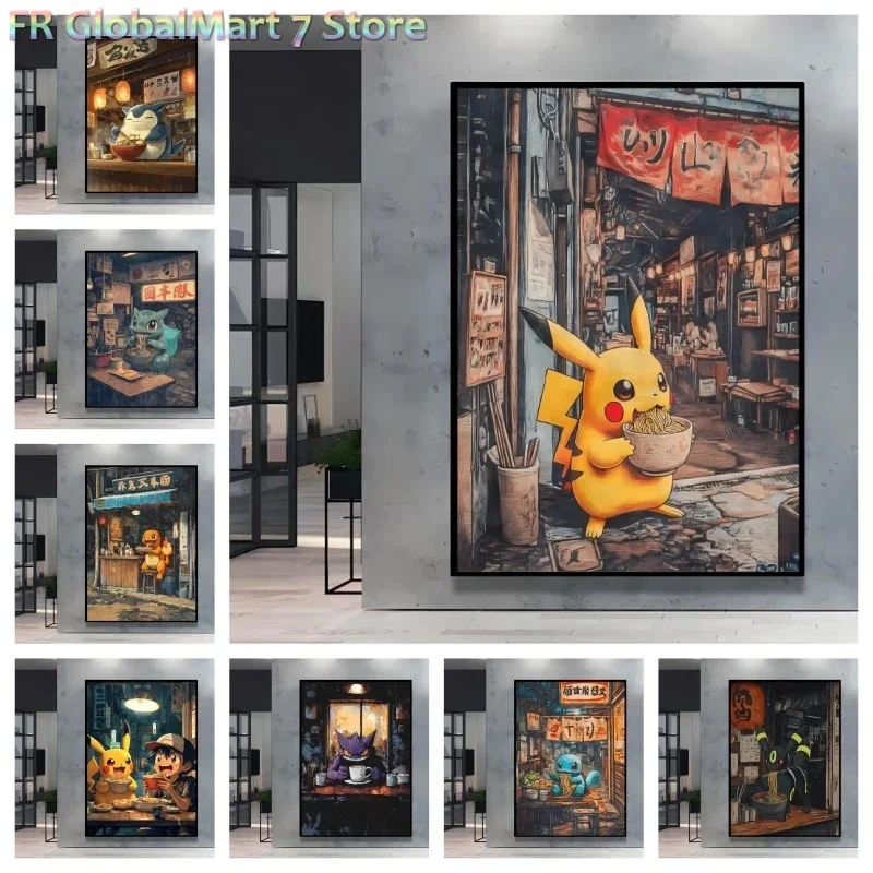 Print on Canvas Pokemon Pikachu Poster Eat Noodles Cartoon Picture Retro Style Modern Home Living Room Restaurant Decor Class