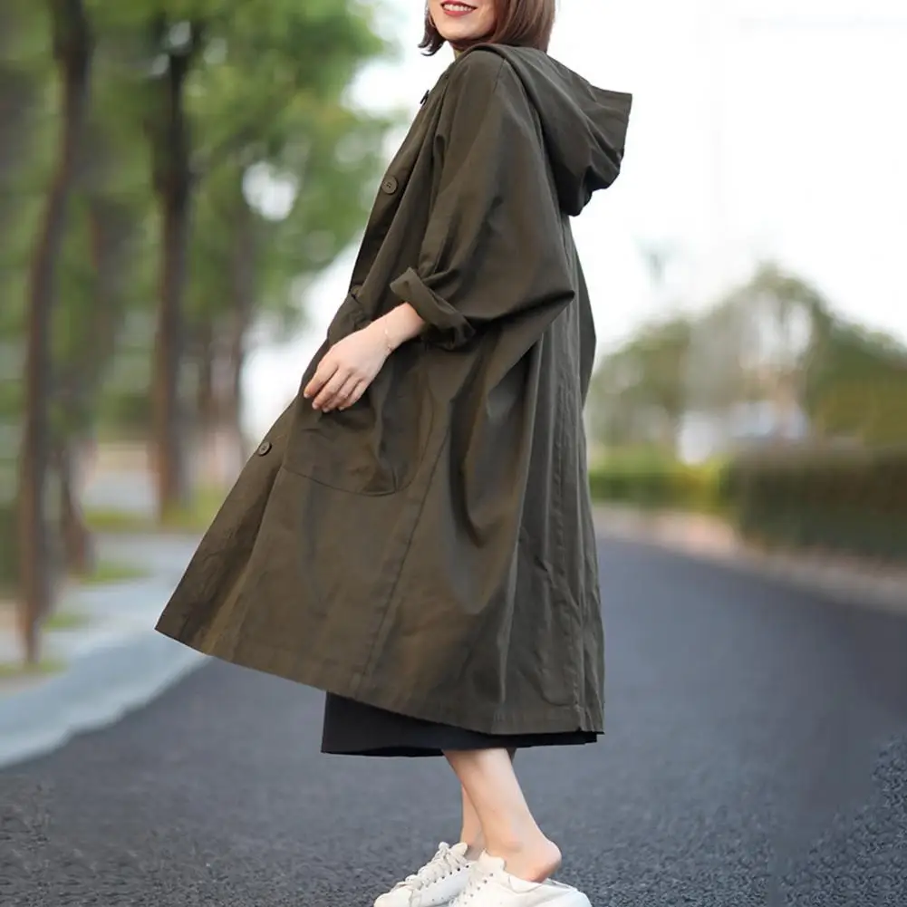 Women Hooded Coat Single-breasted Long Sleeves Loose Cardigan Trench Coat Drawstring Overcoat with Large Pockets Windbreaker