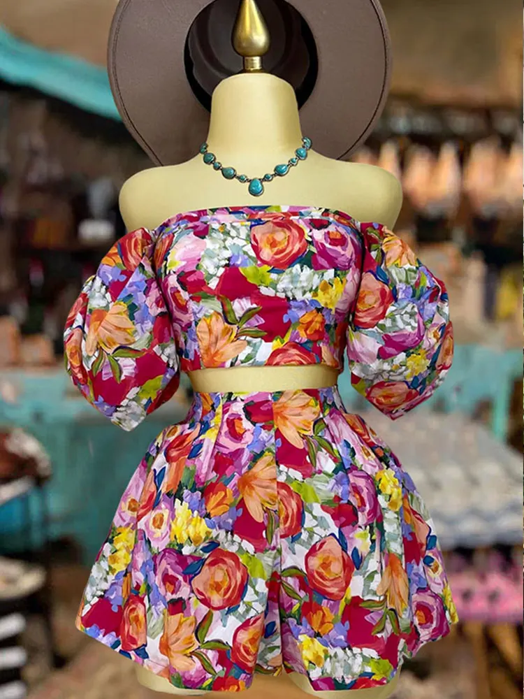 Traje de manga abullonada con estampado Retro, conjunto de falda corta para fiesta en el jardín