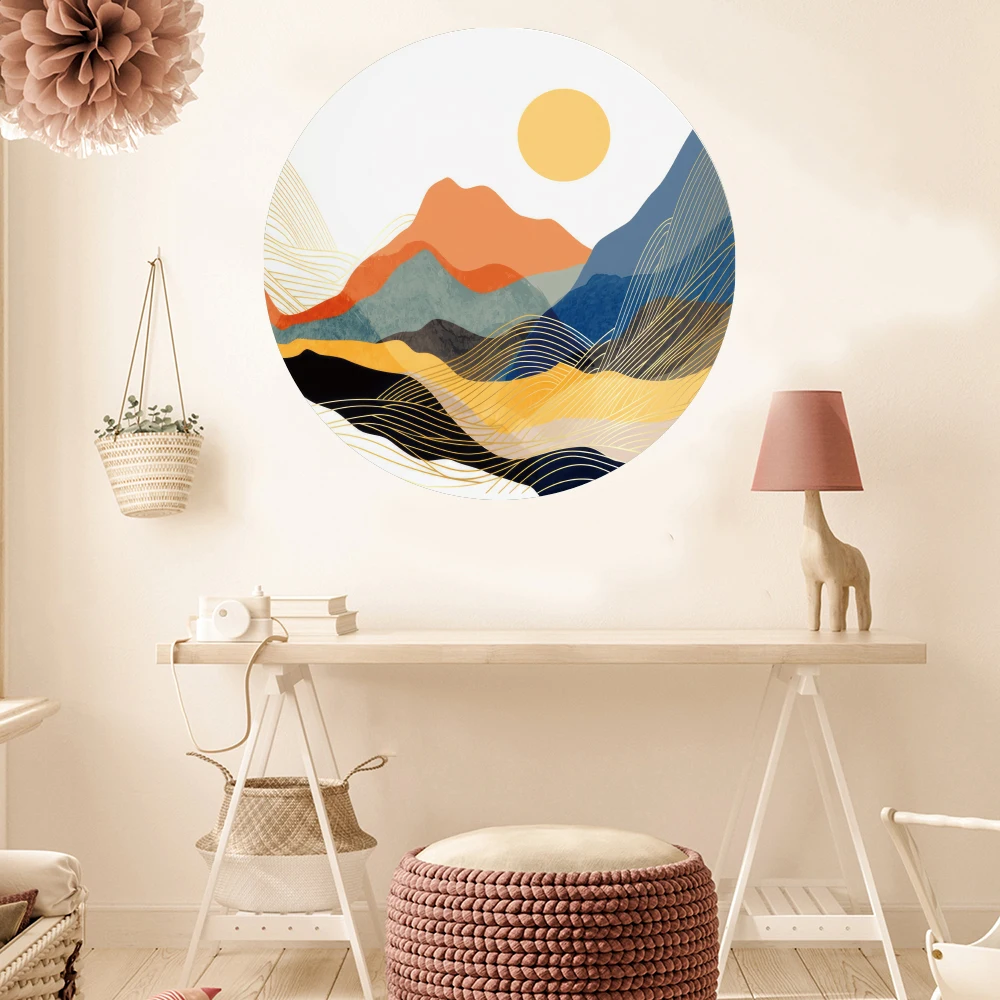 Watercolor Mountain Circle Sun Landscape Wall Sticker Bedroom Living Room Wildlife Woodland Wall Decal Playroom Home Decor