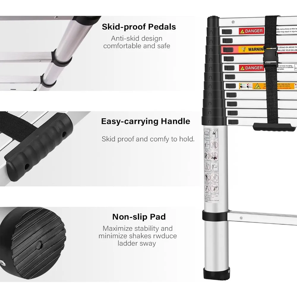 سلم تمديد تلسكوبي من الألومنيوم بطول 12.5 قدم - تصميم إغلاق ناعم للاستخدام المنزلي والمتعدد الأغراض
