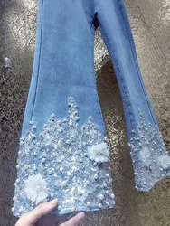 Luxury Pearls Beaded Fairy 3D Flowers Embroidered Sequins Jeans Petals Lace Spliced Denim Flare Pants Elastic Cowboy Trousers