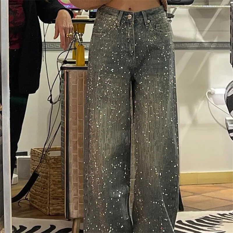 アメリカンレトロプラスサイズ星空ホットダイヤモンドスプライスジーンズ、子供向けスパイシーデザインのキラキラ輝くロングパンツ