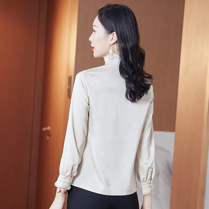 Camisa de manga larga para mujer, cuello de pie versátil, borde de oreja de madera, Top de moda y elegante, primavera y otoño, nuevo