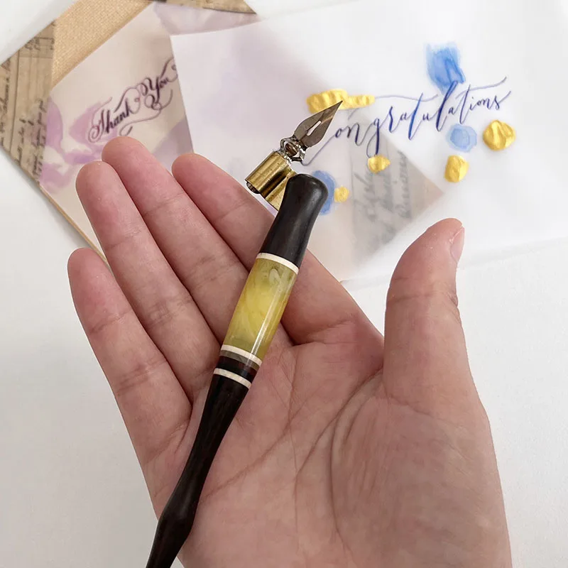 JY CalligraphyOblique Joined Holder Ox Horn Butterscotch Amber English Roundhand Engrosser's script dip pen copperplate flange