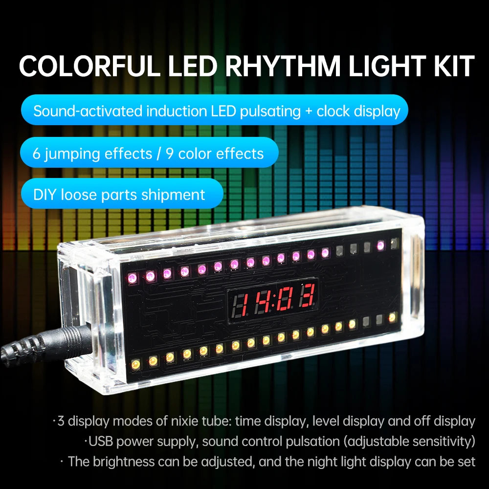 

DC 5V Seven-color LED Voice-Activated Spectrum Rhythm Lights Digital Clock LED Soldering Project Practice Solder Diy Kit