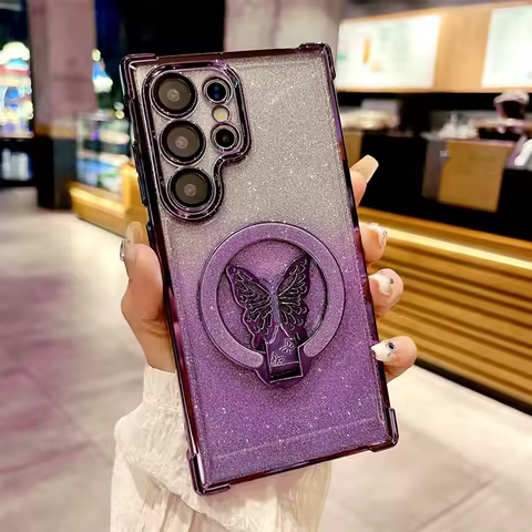 For Samsung Galaxy S25 Edge S24 S23 S22 S21 S20 Fe Plus Ultra Butterfly Holder Plating Silicone Case Note 20 10 Shockproof Cover