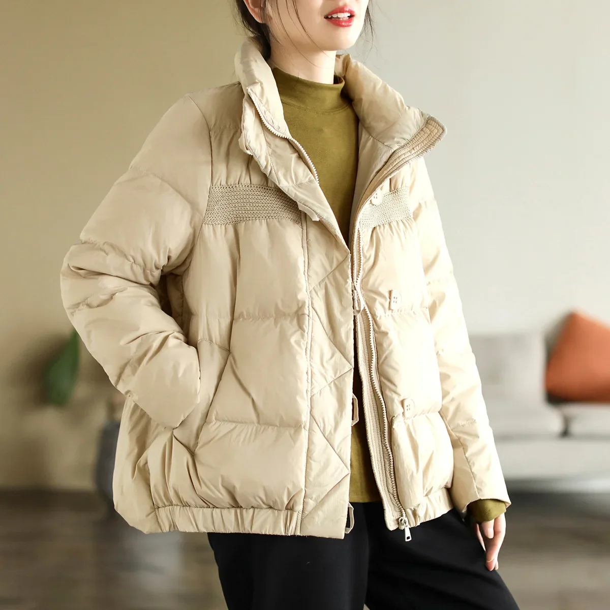 Winter Loose Duck Down Coat Women's Fashion Warm Short Jacket Top Autumn Patch Casual Fit Parka 2024 New Solid Color E44