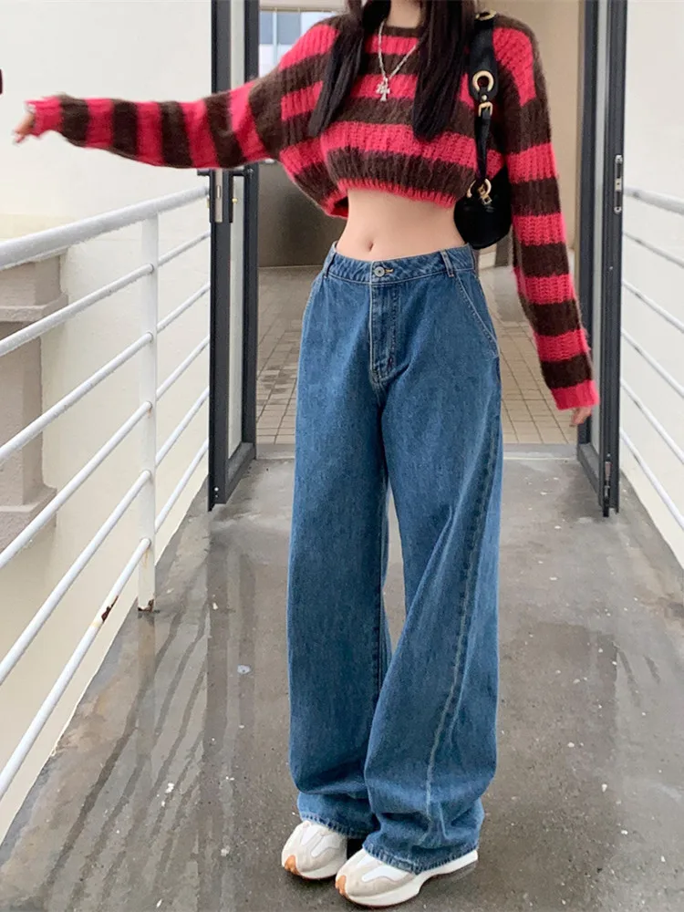 Blue Vintage Cargo Jeans Women's 2022 Spring Y2k Streetwear Loose High Waisted Jeans Straight Wide Leg Cargo Jeans Women's