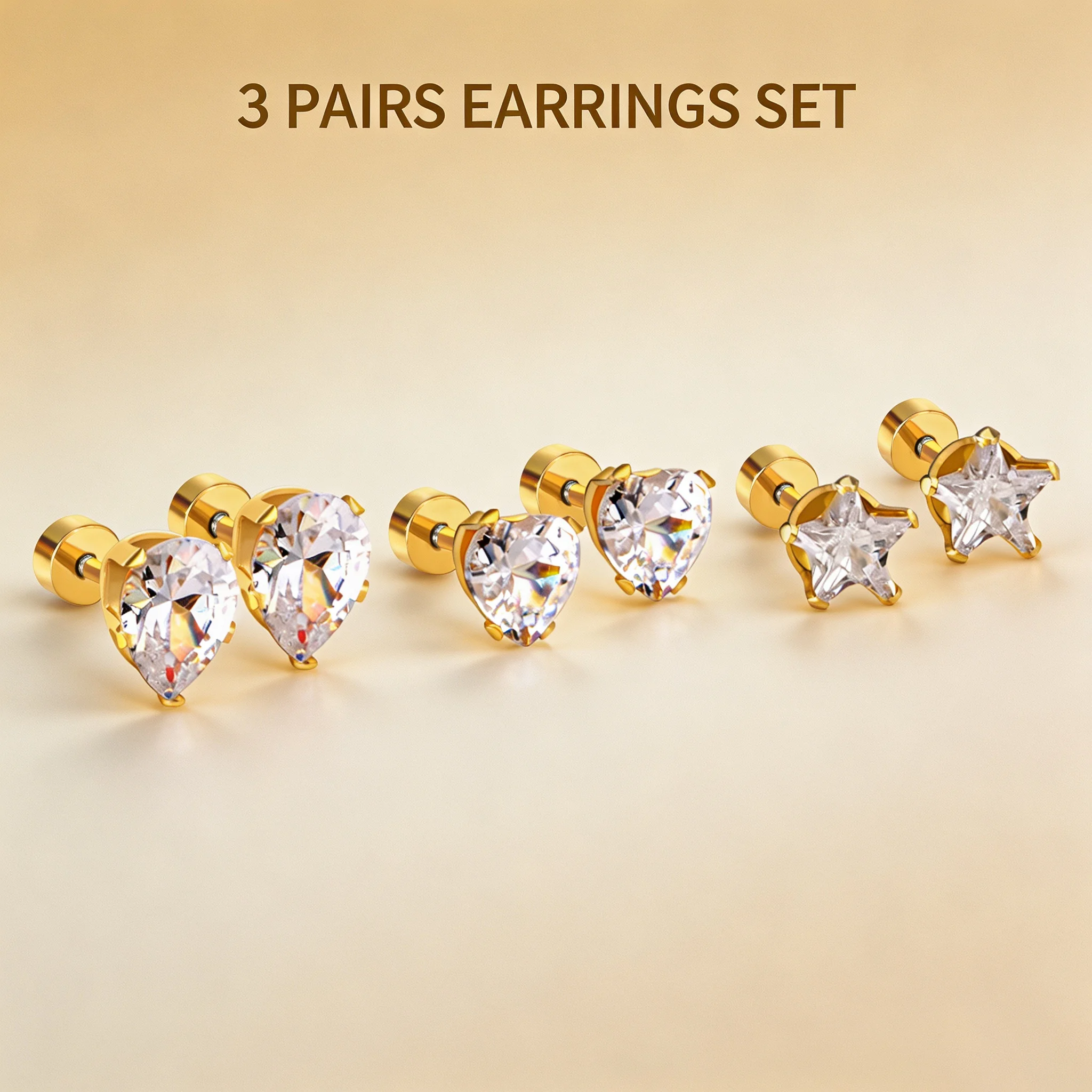 Wholesale 3 Pairs Stainless Steel  Stud Earrings Set Gold Tone Heart Star Shape Clear Zircon Cartilage Piercing Earrings