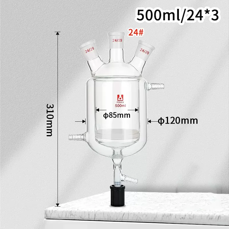 Imagem -04 - Frasco de Reator de Camada Dupla com Pistão de Vácuo Vidro Borossilicato Frasco de Reação de Três Bocas Laboratório 1002000ml