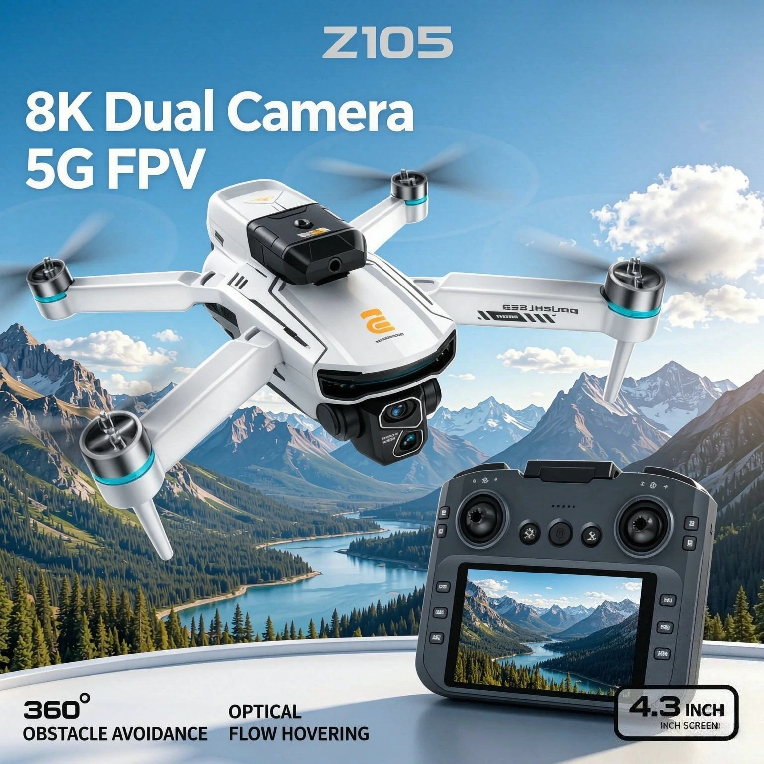 Original Z105 GPS Foldable RC Quadcopter 4.3 Inch Screen Remote 8K Dual 360° Obstacle Avoidance Brushless Motor 5G FPV Drone