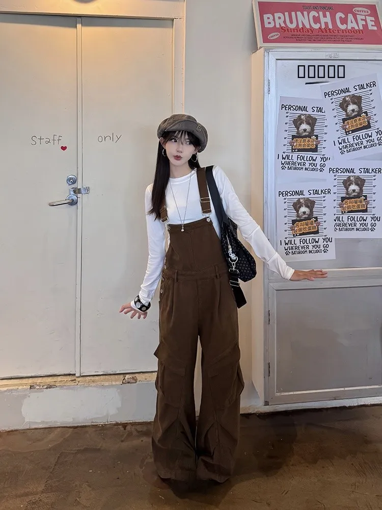 

URKR Американские ретро-комбинезоны коричневого цвета, свободные брюки с широкими штанинами, повседневные джинсы из хлопка, застежка на пуговицах