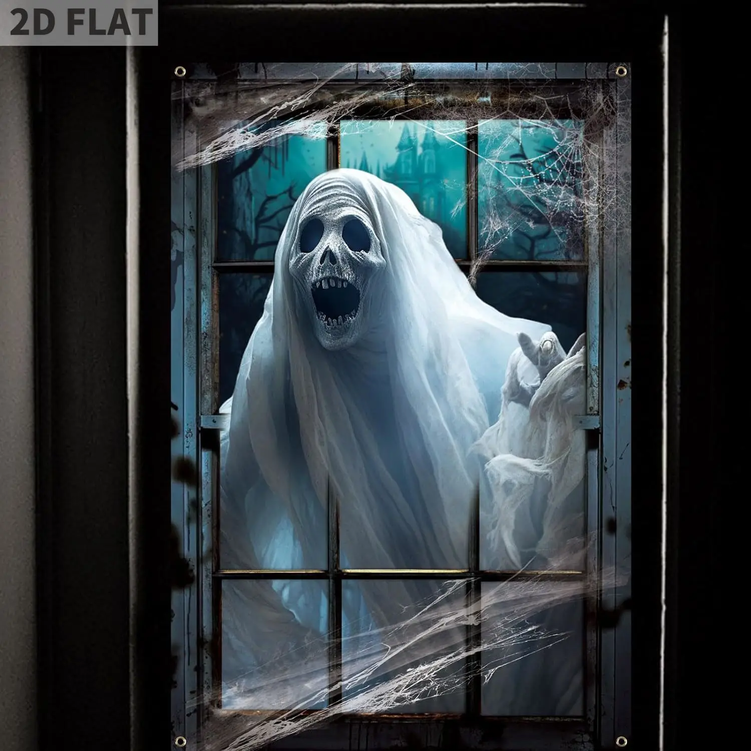 Couverture de fenêtre de drapeau d'Halloween, décor de fenêtre de maison hantée fantôme en tissu blanc effrayant, panneau suspendu pour porte d'entrée, porche, cour