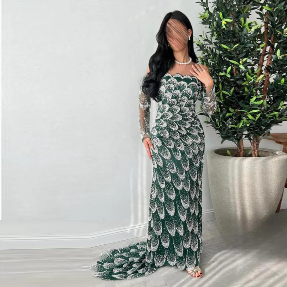 

Customized Beading Embroidery Evening Dress Off the Shoulder Full Sleeve Sequin Dresses Luxurious Fitted Formal Gown