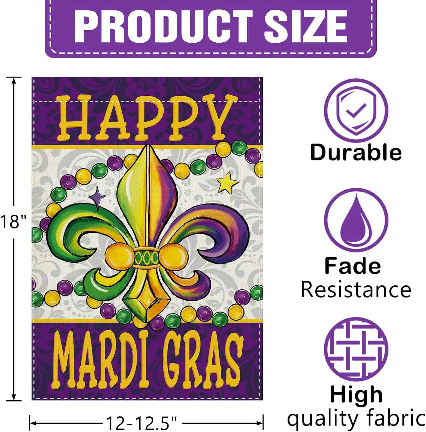 Dyrenson Happy Mardi Gras Fleur De Lis Decorative Garden Flag, New Orleans Carnival Beads Yard Outside Home Decoration, Masq EEZ