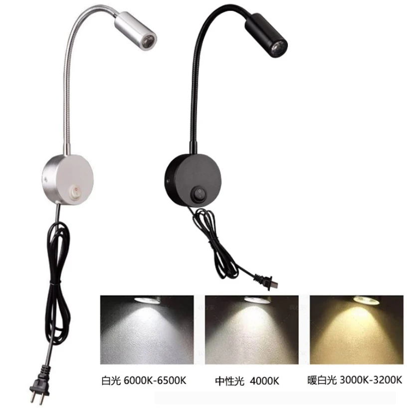 

3W EU / US Plug LED Bedside Reading Lamp Bedroom Wall Lamp Working Study Reading Lamp Night Light