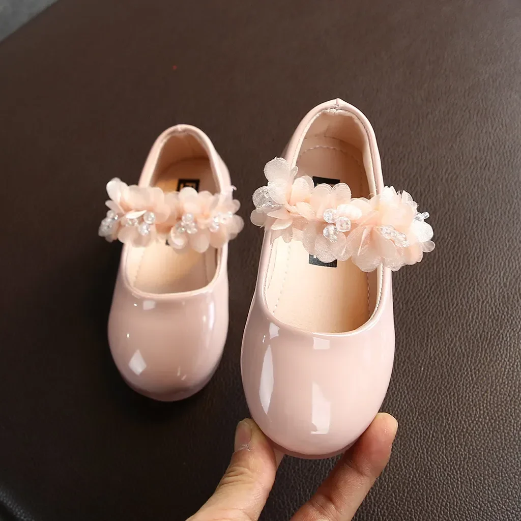 Toddler Infant Kids Girl Lace Crystal Bright Princess Party Leather Shoe Dance Shoe Solid Hook & Loop Children\'s Shoes For Girls