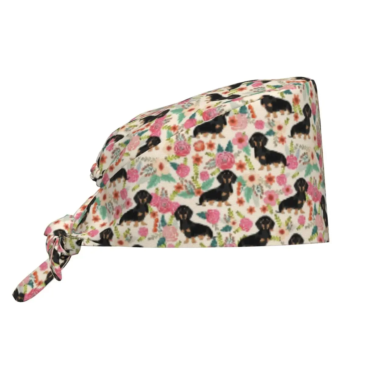 Dachshund Sausage Floral Dog Pattern Scrub Hat Doctor Working Surgical Cap Men Women Adjustable Nursing Caps for Dentist