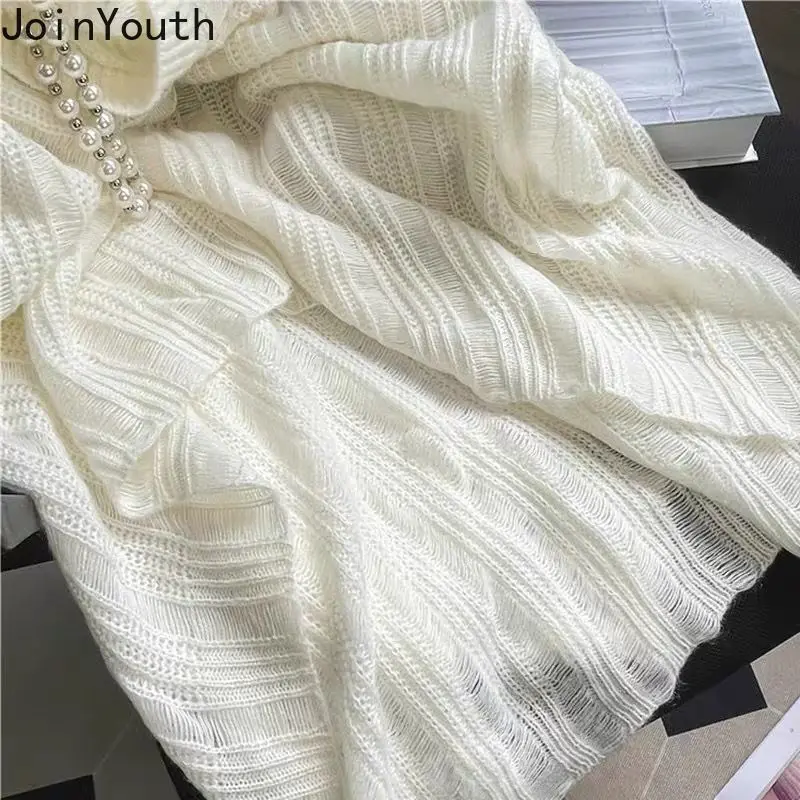 2024 Women Clothing Knit Sweater Off Shoulder Fashion Jumper Pull Femme See Through Thin Casual Pullovers Y2k Tops Sueter Mujer