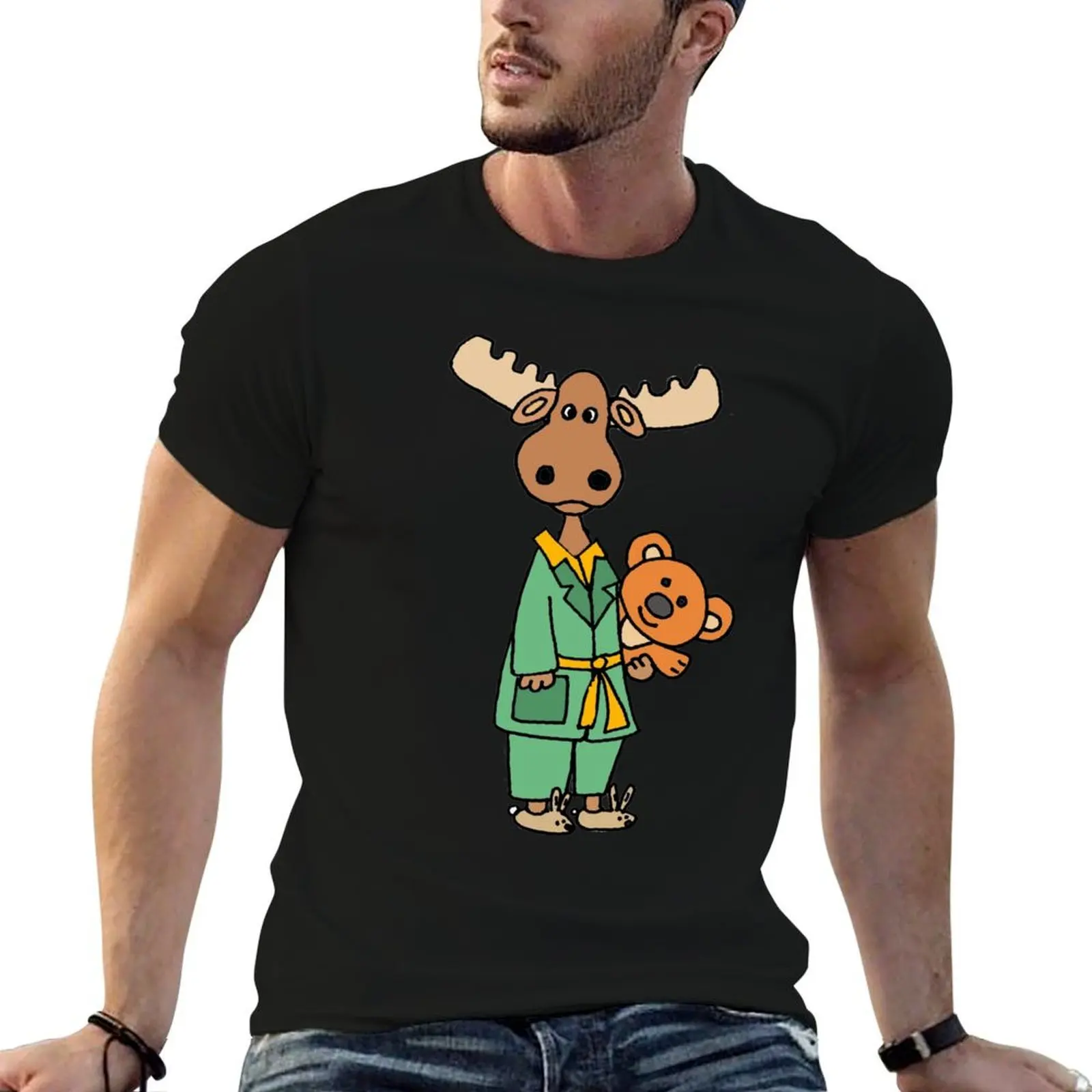 

Funny Moose wearing Pajamas and Bunny Slippers T-Shirt graphic t shirts for man cotton tshirt 100% T-Shirt