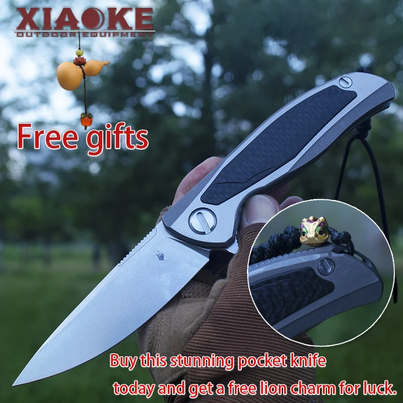 

M390 Titanium Folding Knife, TC4 Handle with Carbon Fiber Inlay, Premium EDC Collector Pocket Knife for Camping Hunting Gift