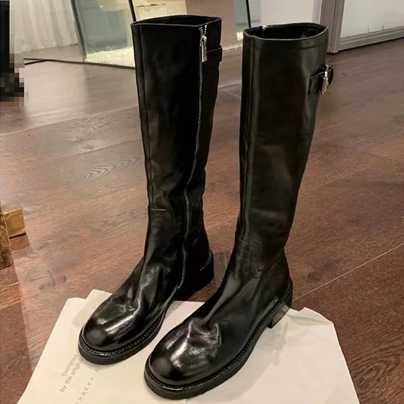 

Женские длинные сапоги из натуральной кожи на толстой подошве, 1921, рыцарские сапоги в британском стиле, утягивающие высокие сапоги в стиле ретро с боковой молнией