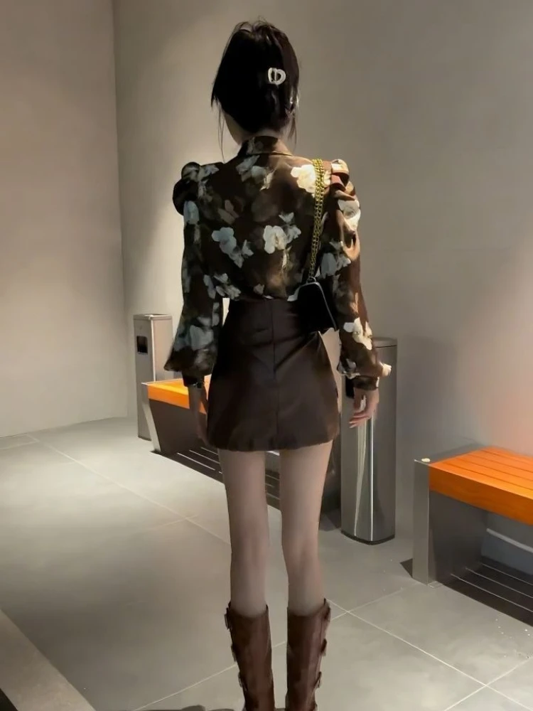 

Women Summer Two Piece Set French Vintage Printed Blazer Collar V Neck Shirt Puff Sleeve Belted Faux Leather Mini Skirt