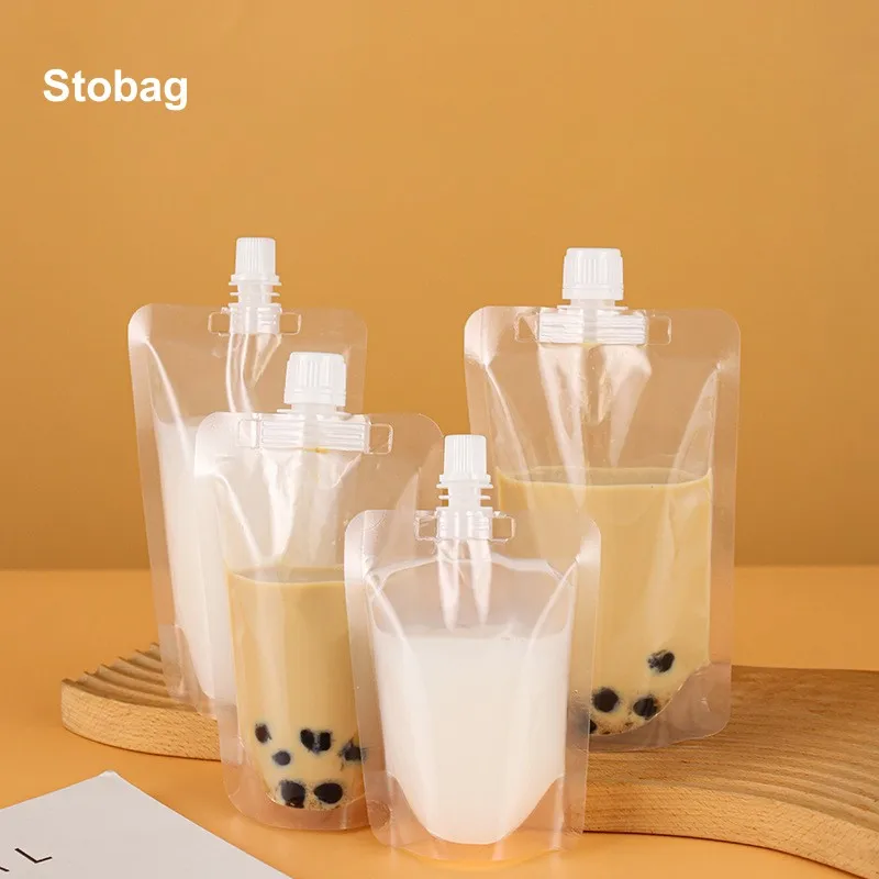 

StoBag 100pcs Transparent Liquid Packaging Drinking Nozzle Bags Clear Juice Beverage Milk Sealed Storage Plastic Reusable Pouch