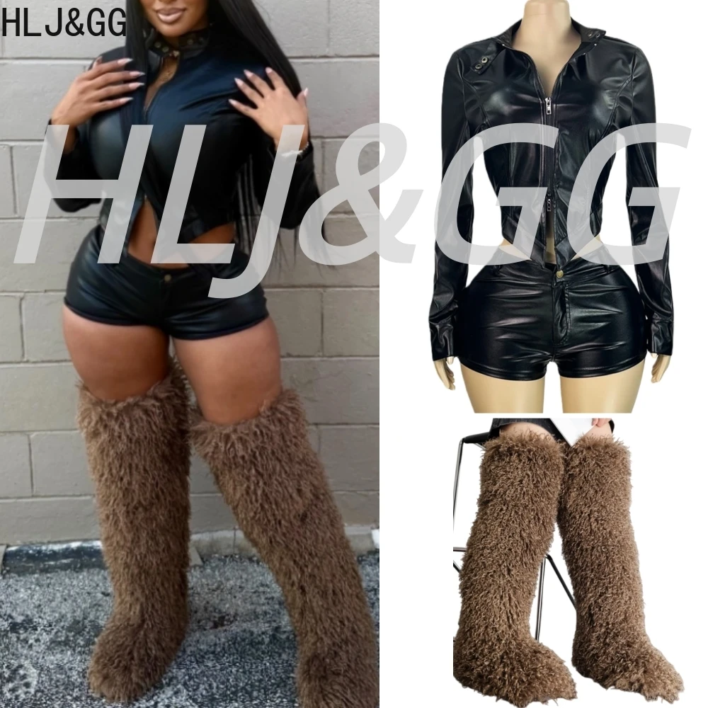 

HLJ&GG Fashion Leather Zipper Biker Shorts Two Piece Sets Women Long Sleeve Slim Top And Shorts Outfits Y2K Sexy 2pcs Streetwear